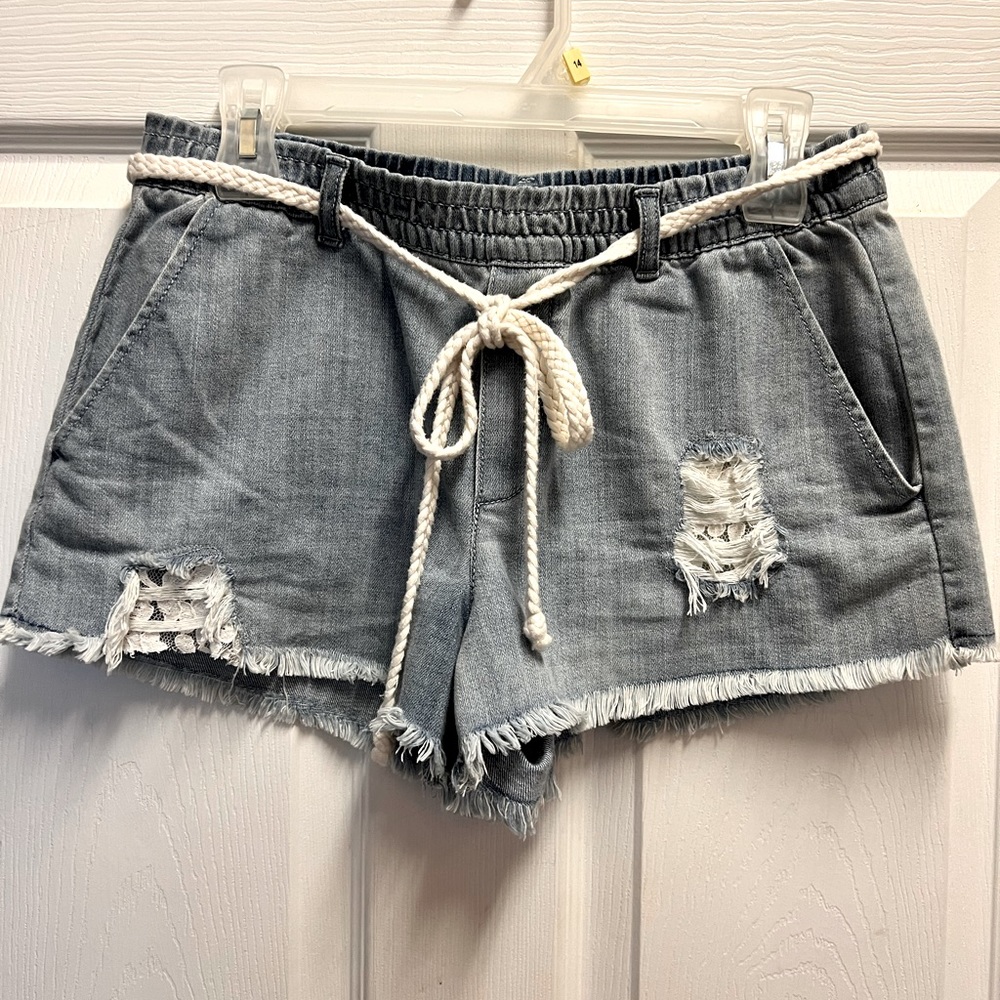 Aerie Belted High Waisted Distressed Frayed Hem Pull On Chambray Shorts